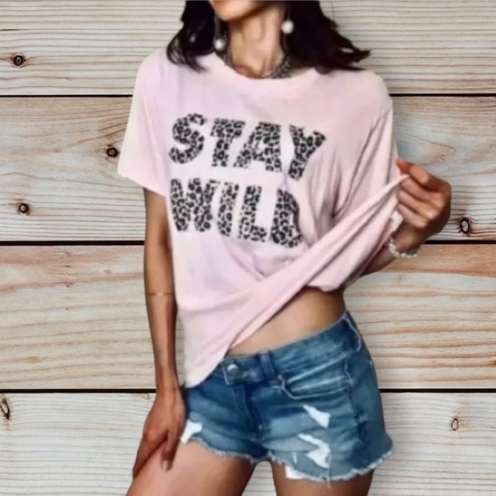 Wild Fox STAY WILD leopard print pink t shirt tee top M NEW NWT